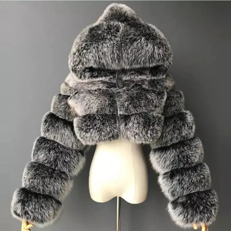 High Quality Furry Cropped Faux Coats and Jackets Women Fluffy Top Coat With Hooded Winter Fur Jacket Manteau Femme 240820