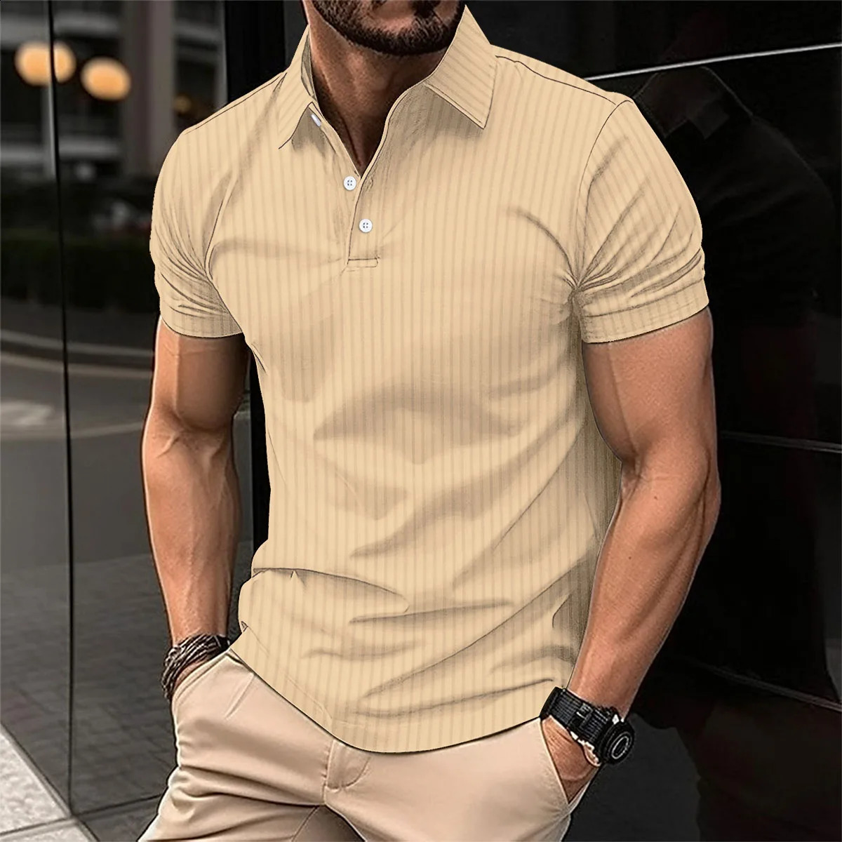 Summer mens polo shirt solid color button short sleeve striped lapel T-shirt casual breathable top mens wear Color Black S-3XL 240816