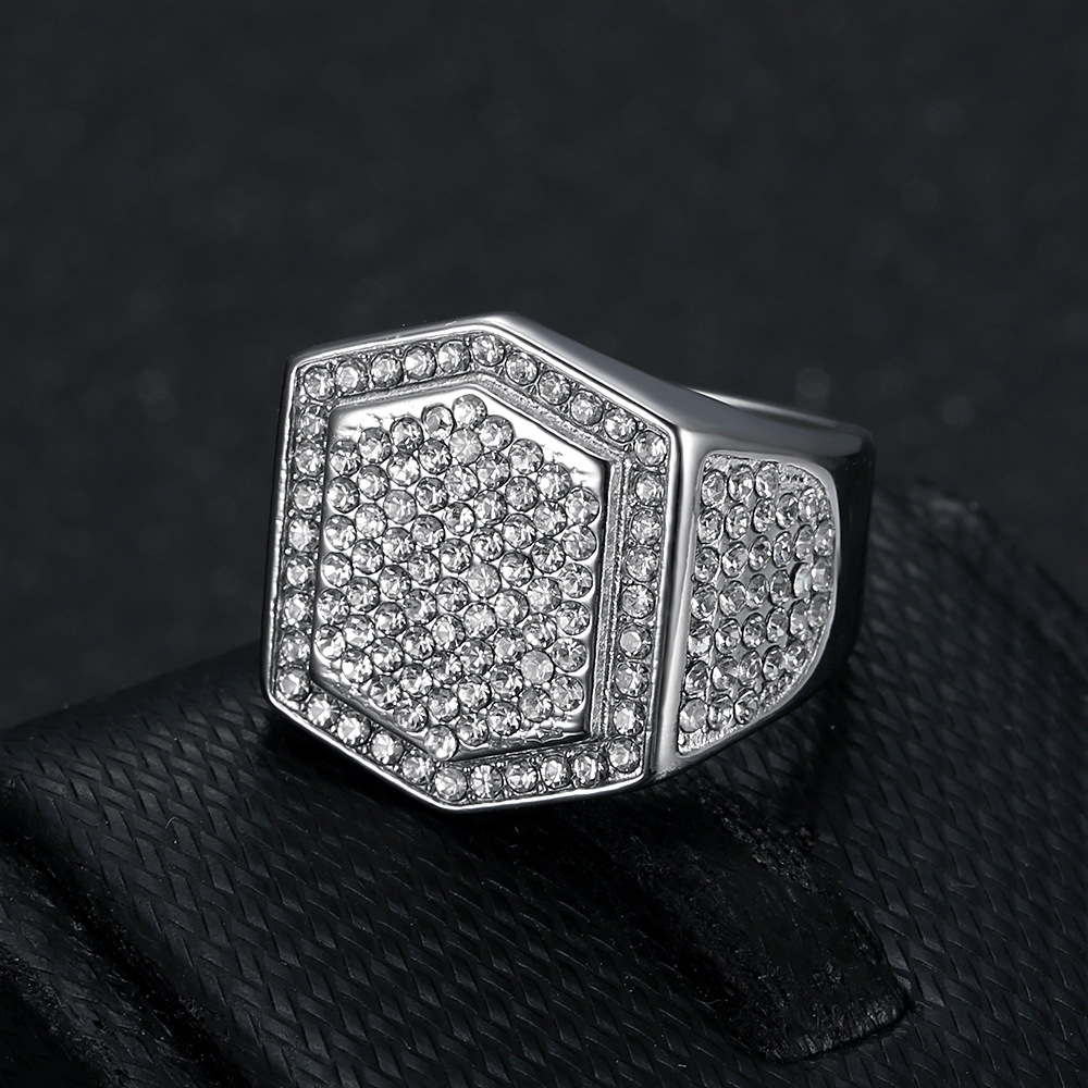 Hip Hop 316LStainless Steel Hexagon Ring Titanium Steel Gold Plated Mens Jewelry