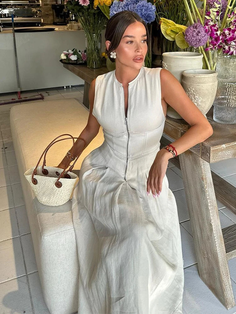 Fashion Sleeveless Spliced Zipper Maxi Dress Elegant V-neck High Waist Slim Pleated Long Dresses Summer Office Lady Street Robes 240816