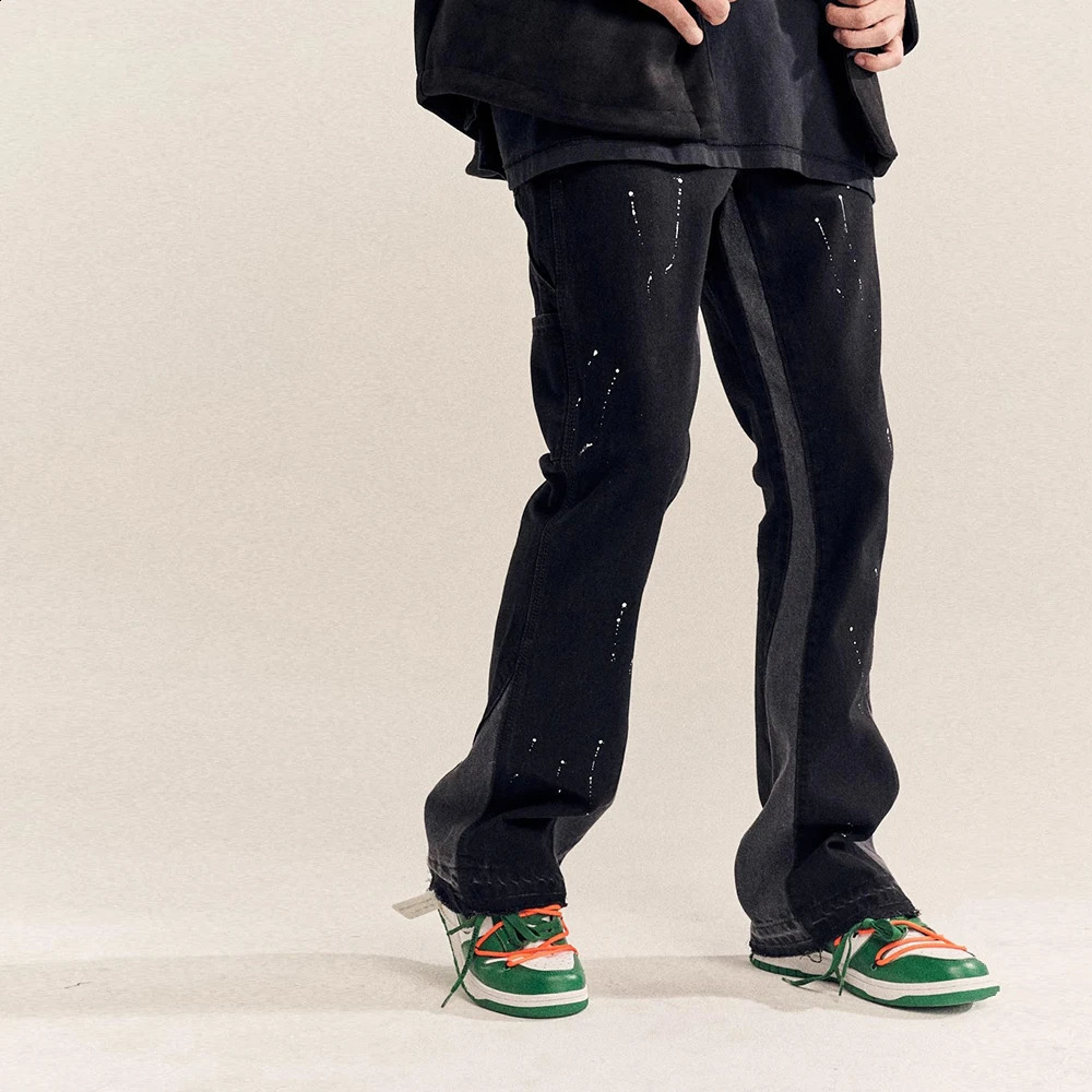 Vintage Streetwear Flared Jeans Pants Hip Hop Splashing Ink Wide Leg Jean Overalls for Men Fashionable Retro Patchwork Jeans 240815