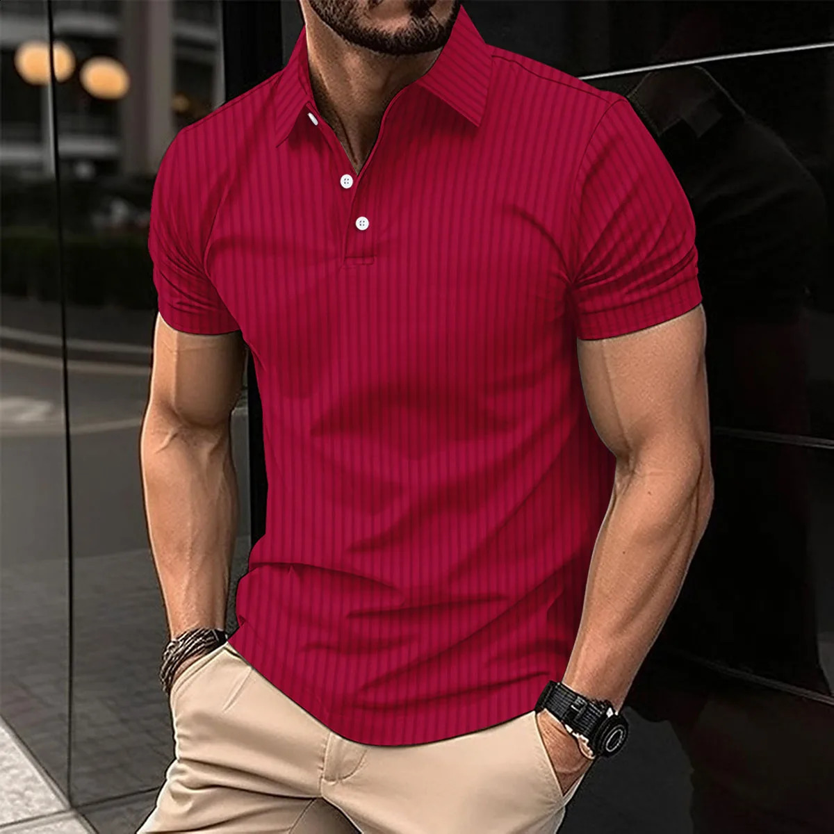 Summer mens polo shirt solid color button short sleeve striped lapel T-shirt casual breathable top mens wear Color Black S-3XL 240816