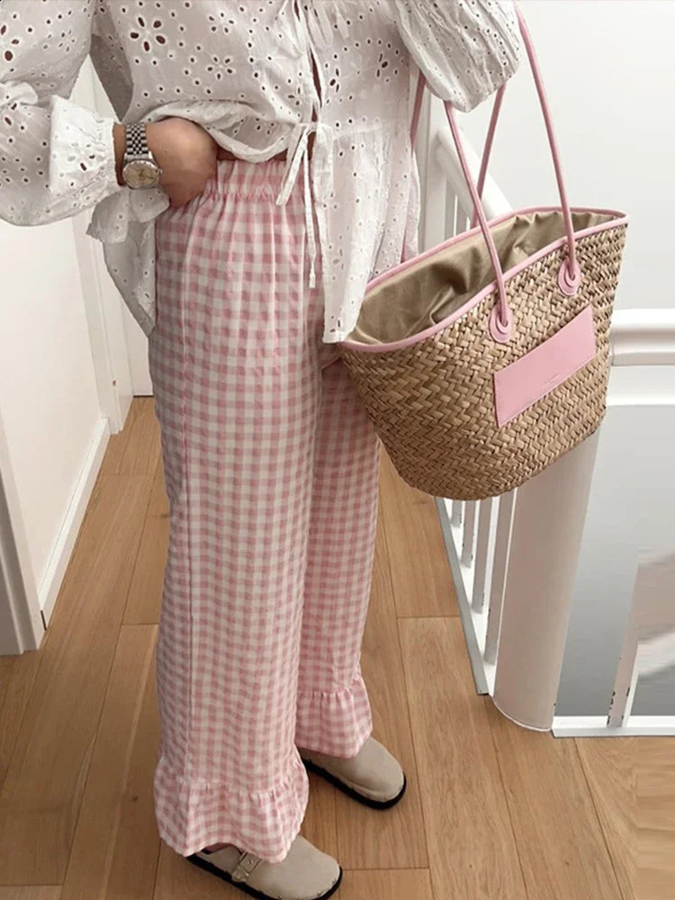 Casual Plaid Ruffles Edge Flare Pants Women Elastic High Waist Wide Leg Female Trouser 2024 Spring Summer Fashion All-match Pant 240816