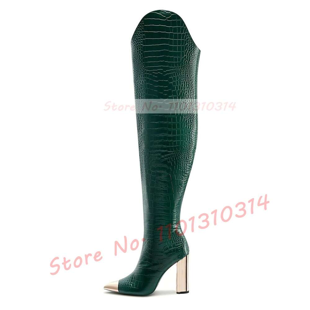 Pointy Toe Croc Long Women Sexy Leather Splicing Gold Thick Heels Zipper Boots Ladies Winter Thigh High Shoes
