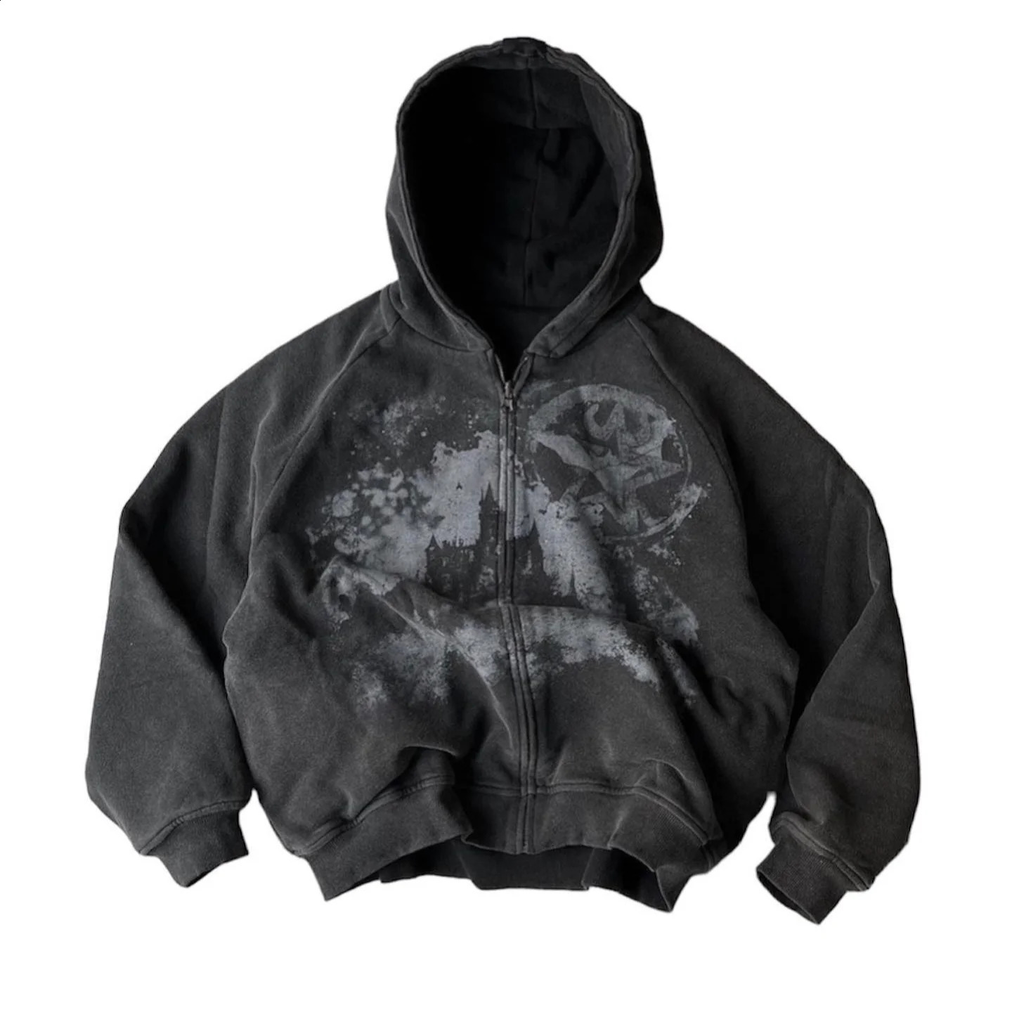 British Gothic punk style printed star patch embroidery mens and womens hooded cardigan Harajuku retro oversized batwing sleeve top 240819
