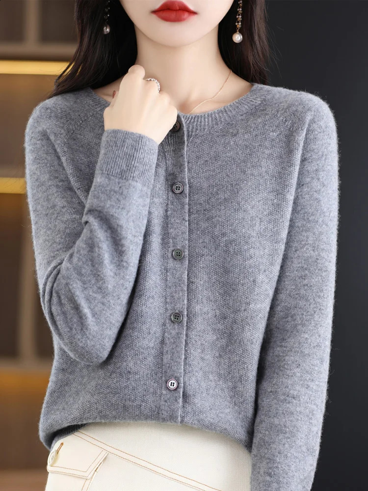 Women O-Neck Cashmere Cardigan 100% Merino Wool Sweater Buttoned Long Sleeve Knitwear For Spring Autumn Solid Basic Top Clothing 240824