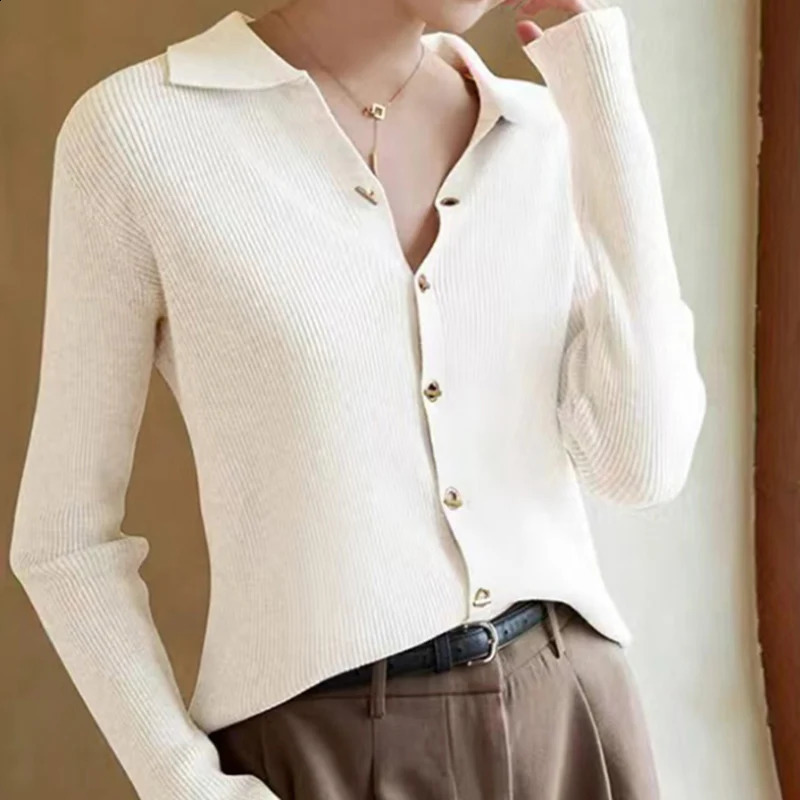 Autumn Womens Sportswear Solid Color Polo Neck Knitted Top Cardigan Wool Sweater Korean Version Long Sleeved Jacket