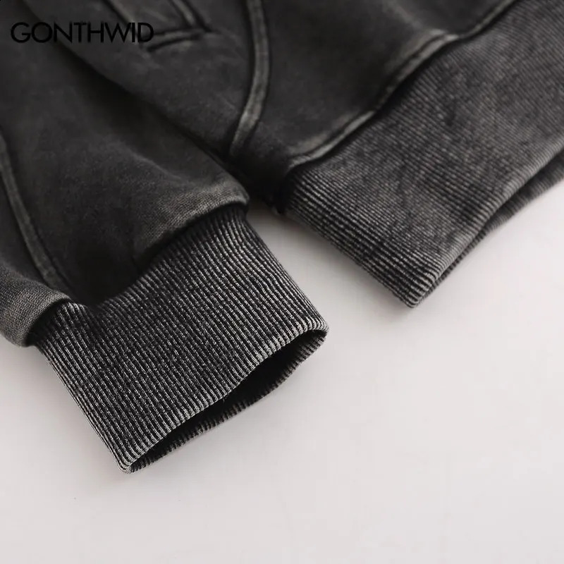 hip-hop streetwear retro washed black hoodie sweatshirt mens embroidered letter hoodie Harajuku hoodie zipper Y2K 240909