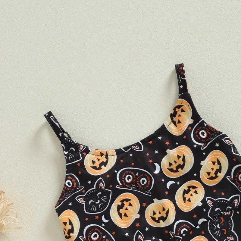 Childrens girls jumpsuit spaghetti strap pumpkin print jumpsuit casual Halloween costume W240806