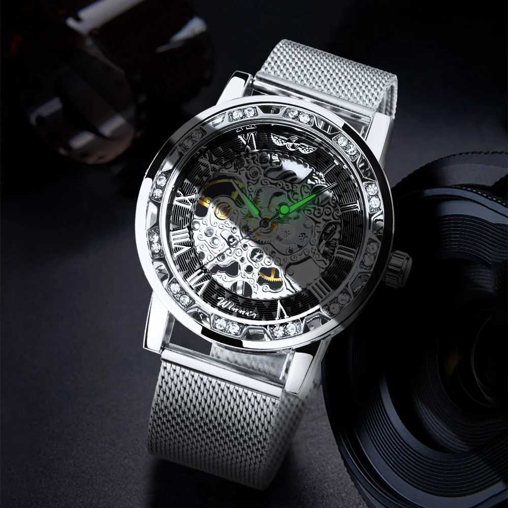 Winners Fashion Carving Skeleton Mens Silver Top Brand Luxury Mechanical Ultra Thin Mesh Str Crystal Neutral Size Clock W250104