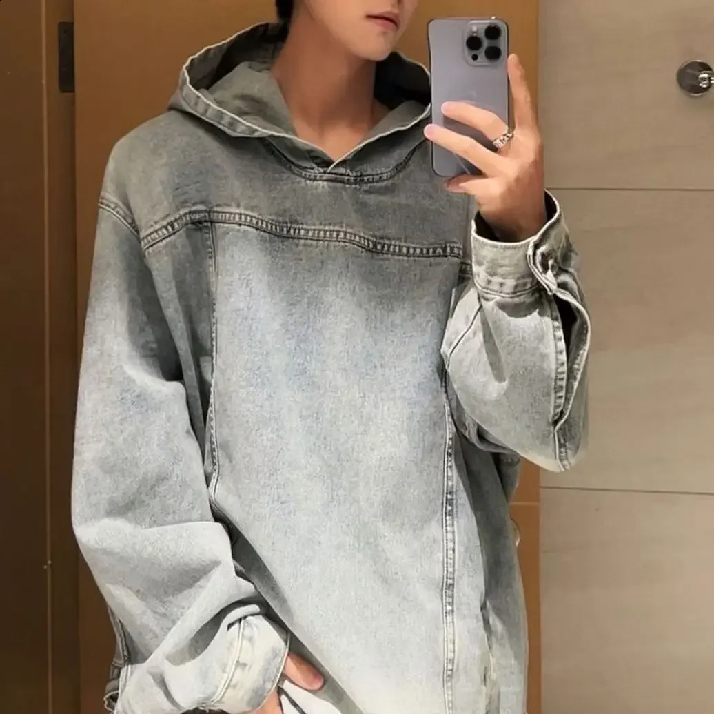 Early Autumn Denim Jacket For Men Paris Washing Vintage Weekend Jacket Trendy Casual Loose Fit Hooded Sweatshirt 240819
