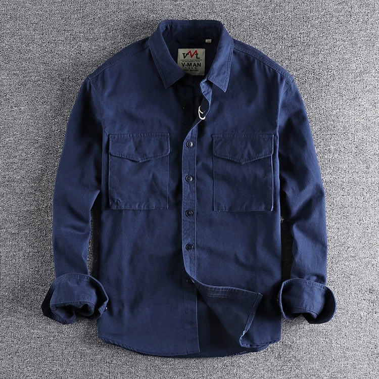 Retro Male Cargo Shirt Jacket Canvas Cotton Casual Work Safari Style Shirts Mens Top Clothing