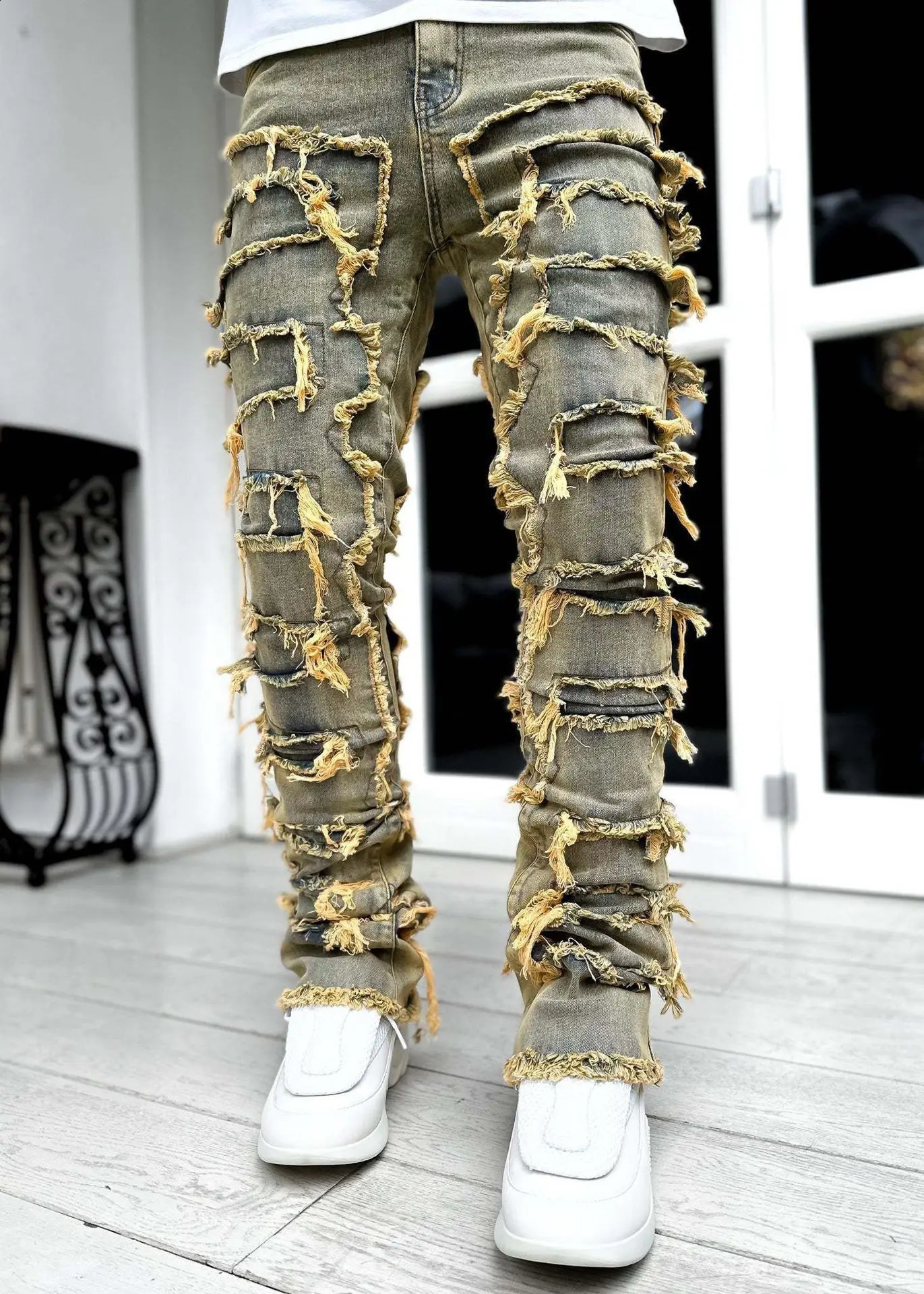 Spring Autumn Individual Patched Black Pants Long Tight Fit Stacked Jeans For Men 240819