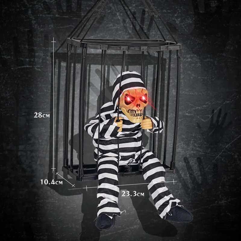 Halloween Scary Skeleton Prisoner Talking Let Me Out With Light Animatronic Prank Speaking Props Hangable Ghost Halloween Decor CL240819