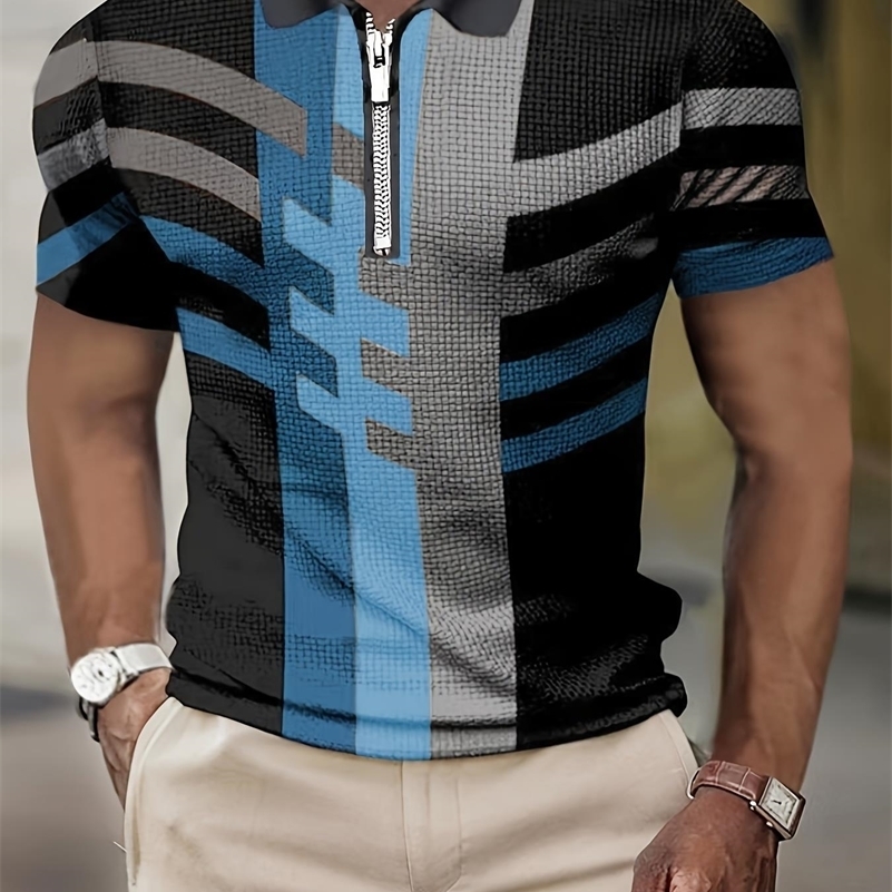 Mens Short-Sleeved POLO Shirt Summer Retro Striped 3D Printed Top Zipper Lapel Slim POLO Mens Casual Clothing 240816