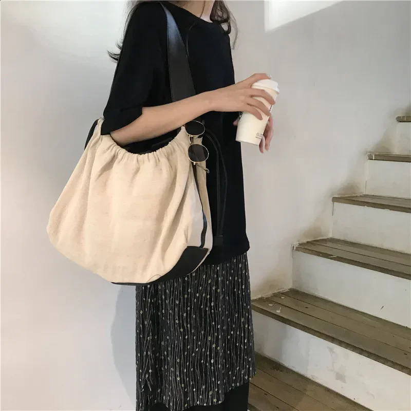 Korean Contrast color Women handbag Drawstring canvas ladies shoulder bag large capacity travel bag female big bolsas bao 240816