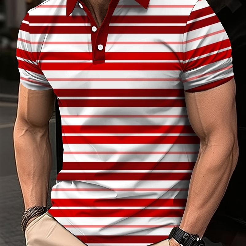 2024 Mens Summer Short Clothes Sleeved Lapel 3D Digital Printed Striped Polo Shirt Mens Business Casual Top Clothes 240816