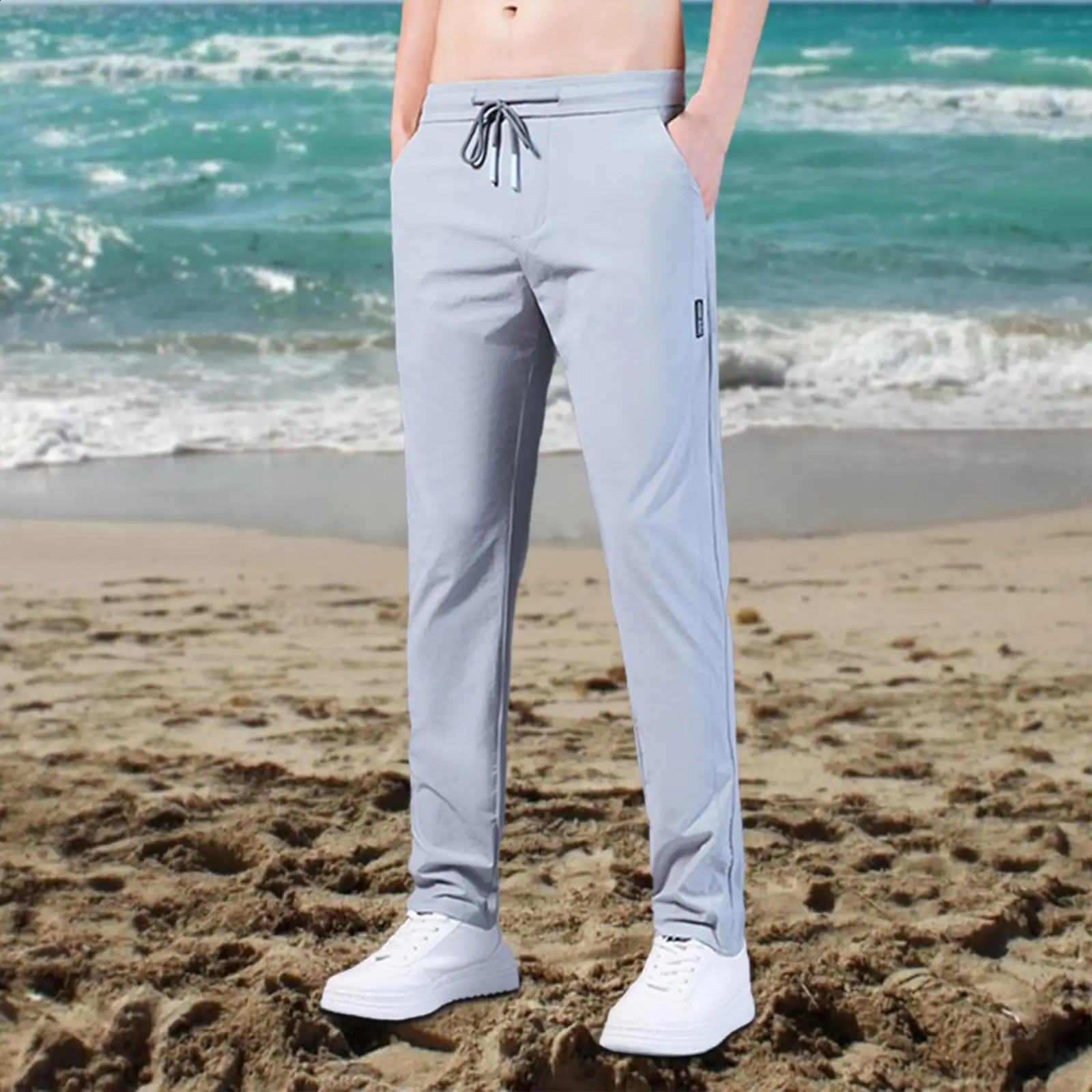 Mens Ice Silk Mens Solid Color Medium Waist Loose Breathable Straight Leg Casual Pants Thin Quick Drying Sport with Pocket 240828