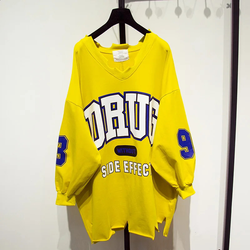 Tear loose sweatshirt for women in spring summer and autumn medium length Vneck printed with letters student shirt lazy hoodie 240814