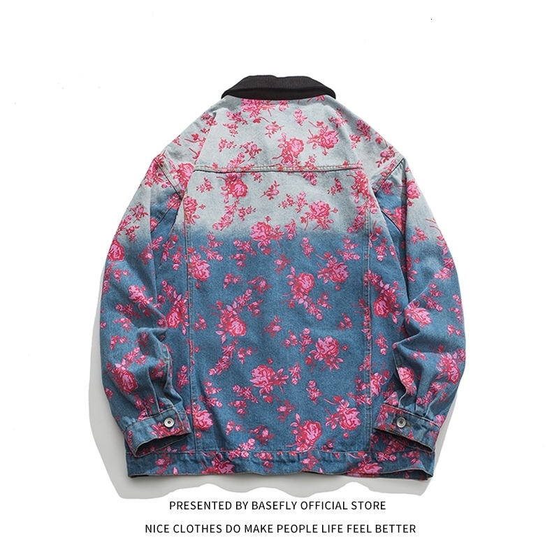 Autumn Spring Flower Rose Print Denim Jean Jacket Unisex Men Baseball Bomber Unisex Women Varsity Coat High Street Cotton Chic 240816
