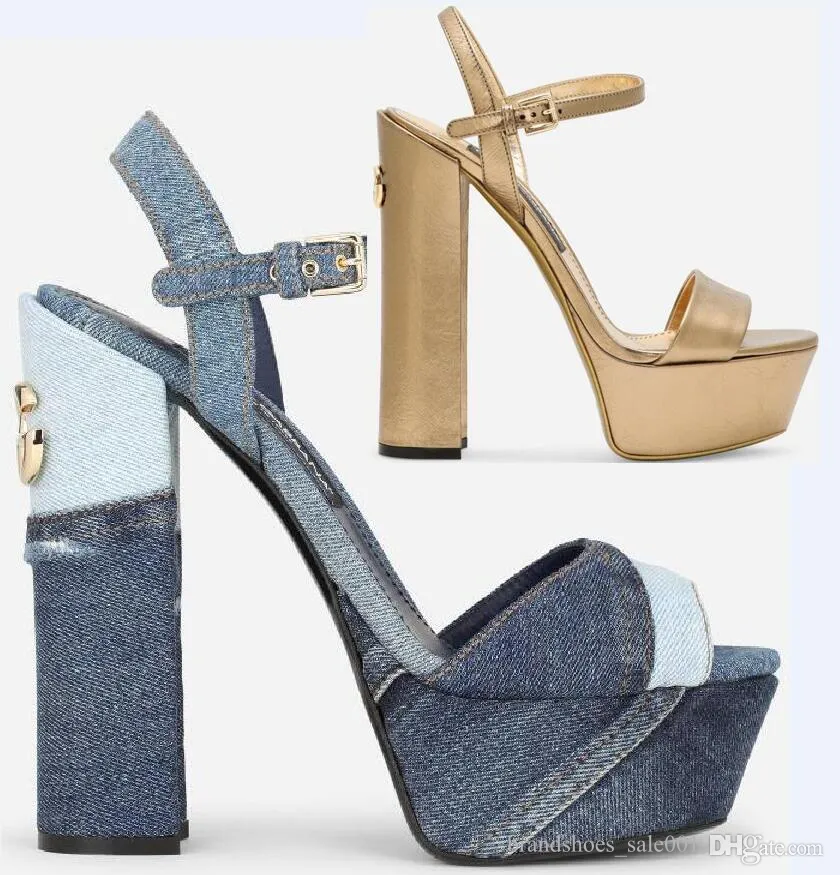 Top quality Denim women's sandals Buckle strap chunky block heels Luxury designer ankle wrap heels fashion Dress Party wedding shoes With box size 34-41