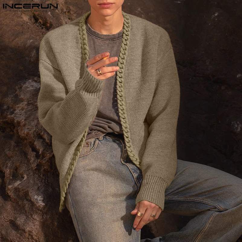 Mens Cardigan Patchwork Knitted Open Stitch Streetwear Long Sleeve Sweaters Korean Fashion Casual Male Outerwear INCERUN 240816
