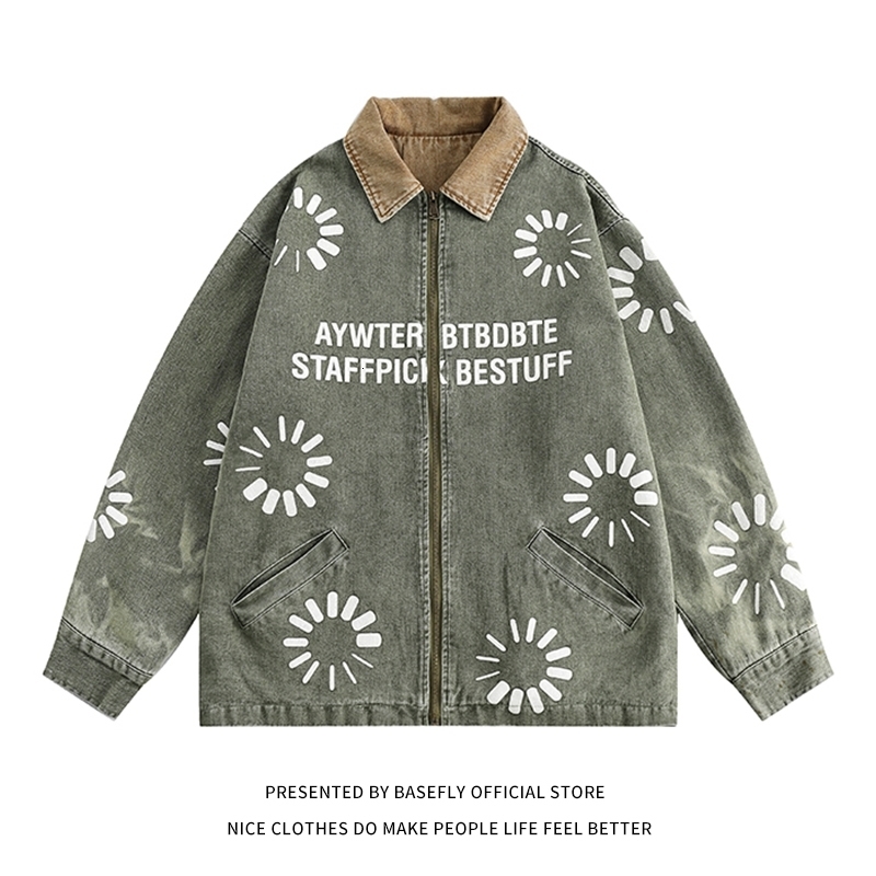 Sun Flower Print Cotton Denim Jean Spring Autumn Men Bomber Jacket Unisex Women High Streetwear Casual Chic Coat Retro Vintage 240816