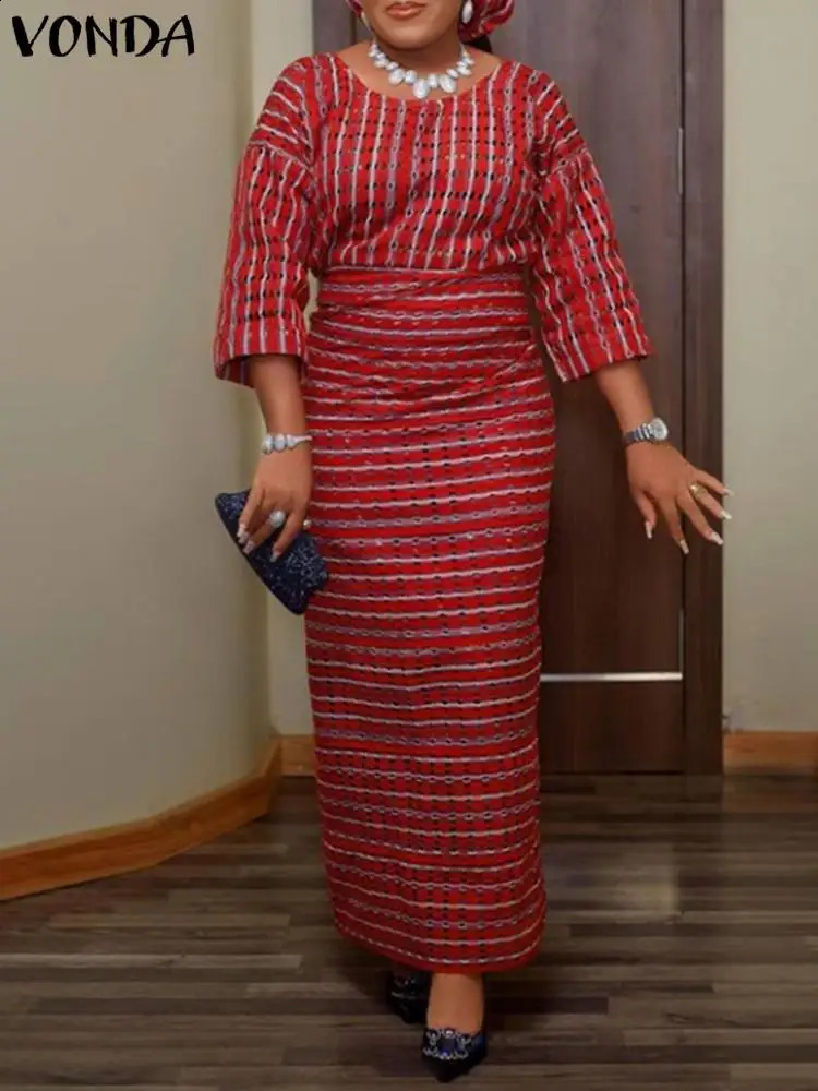 Plus Size 5XL VONDA Vintage Printed Maxi Dress Women Fashion 3/4 Sleeve Bohemian Party Vestidos Autumn Casual Long Sundress 240819