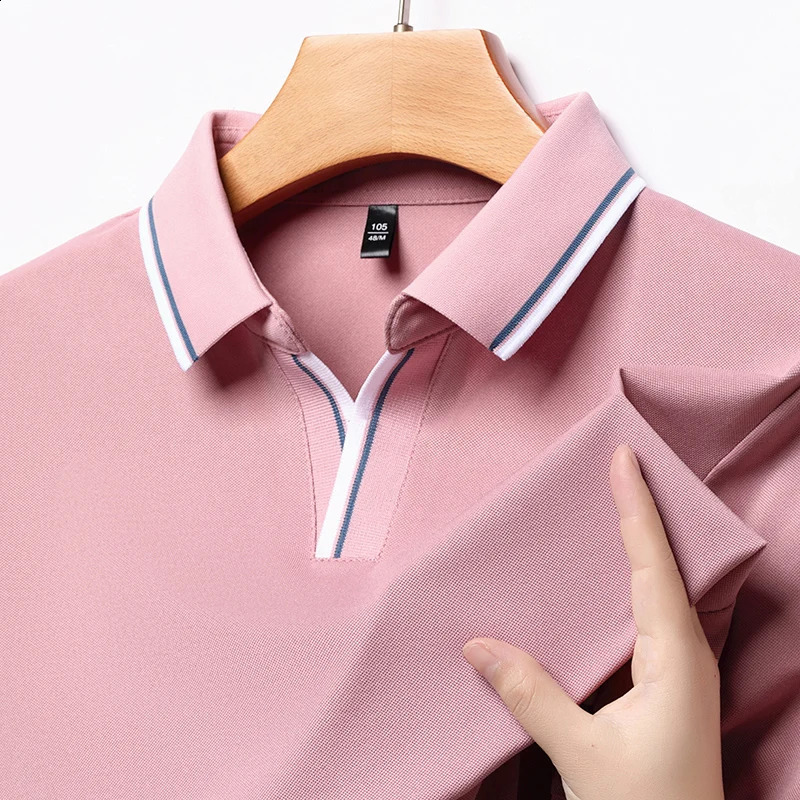 Summer Mens Solid Short Sleeved Striped Lapel Polo Shirt Breathable Comfortable Top V-neck Lightweight Tshirts for Men 240816