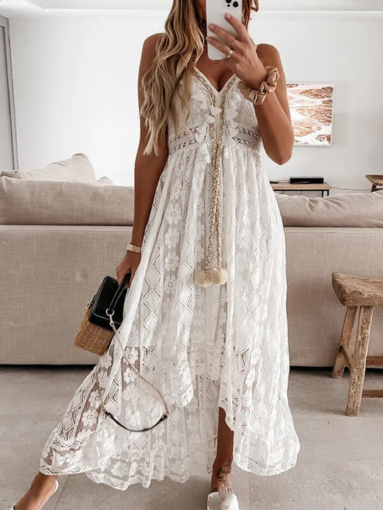 Women Lace Boho Style Long Dress Solid Color Deep V-neck Sleeveless Beachwear High Waist A-Line Summer Wild Sling Dress For Lady 240816