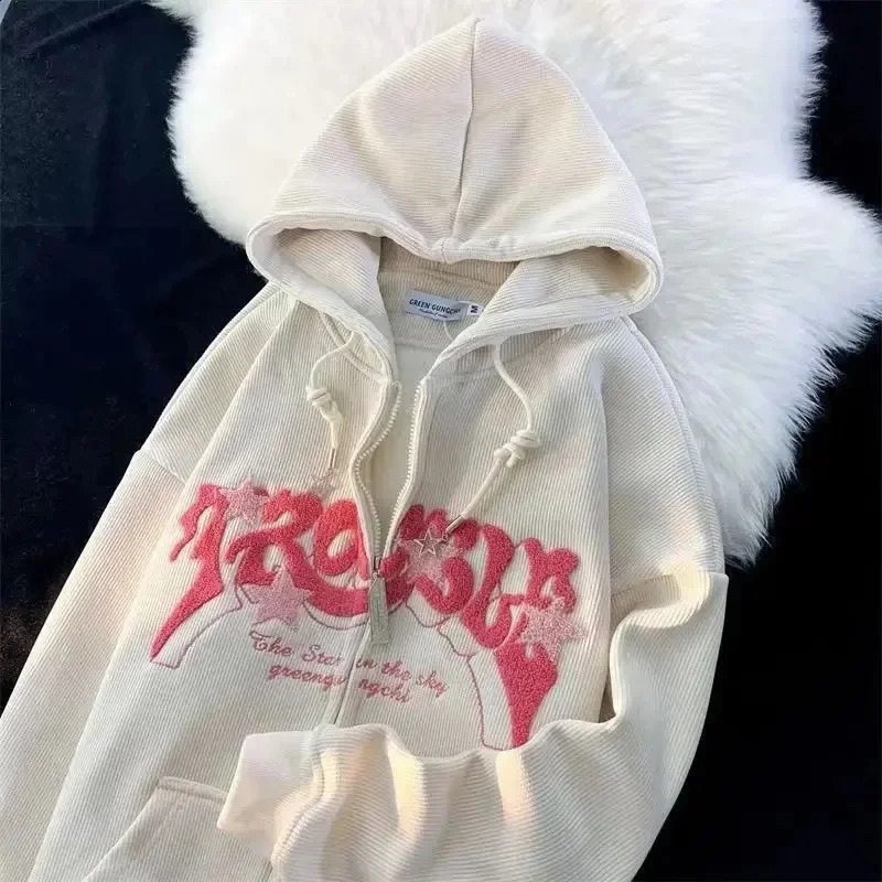 Women Letter Printed Hoodies Autumn Vintage Zip Up Loose Hooded Sweatshirts Harajuku Y2K Long Sleeve Jacket Clothes 240816