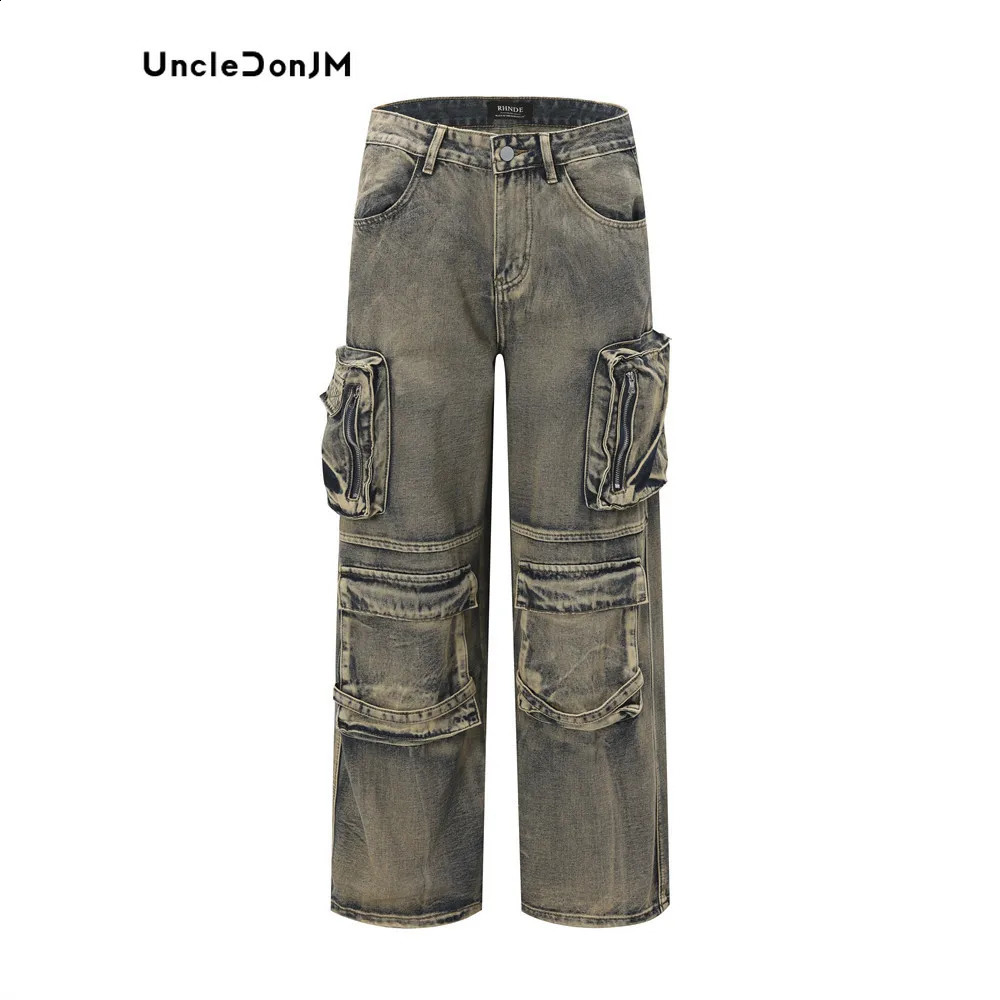 Style Multi Pocket Denim Workwear Pants Mens Loose Straight Leg Pants Heavyweight Baggy Jeans 240816