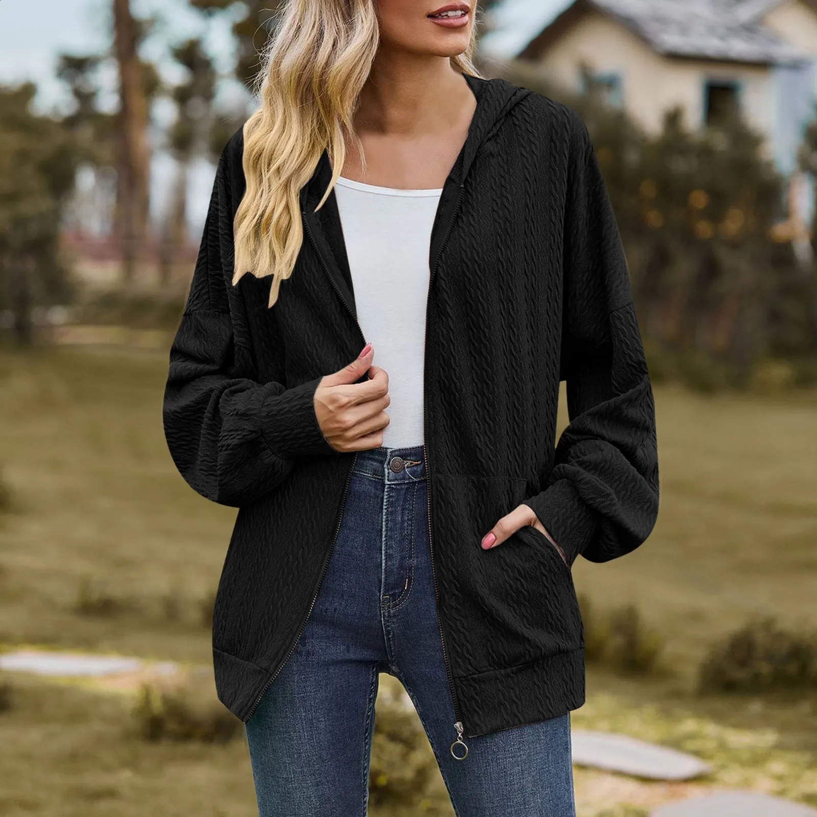 Jacket For Women Hoodie Long Sleeve Plain Regular Micr Elasticity Loose Zipper Hoodie Coat Womens Hooded Sweatshirt Zip Up 240819