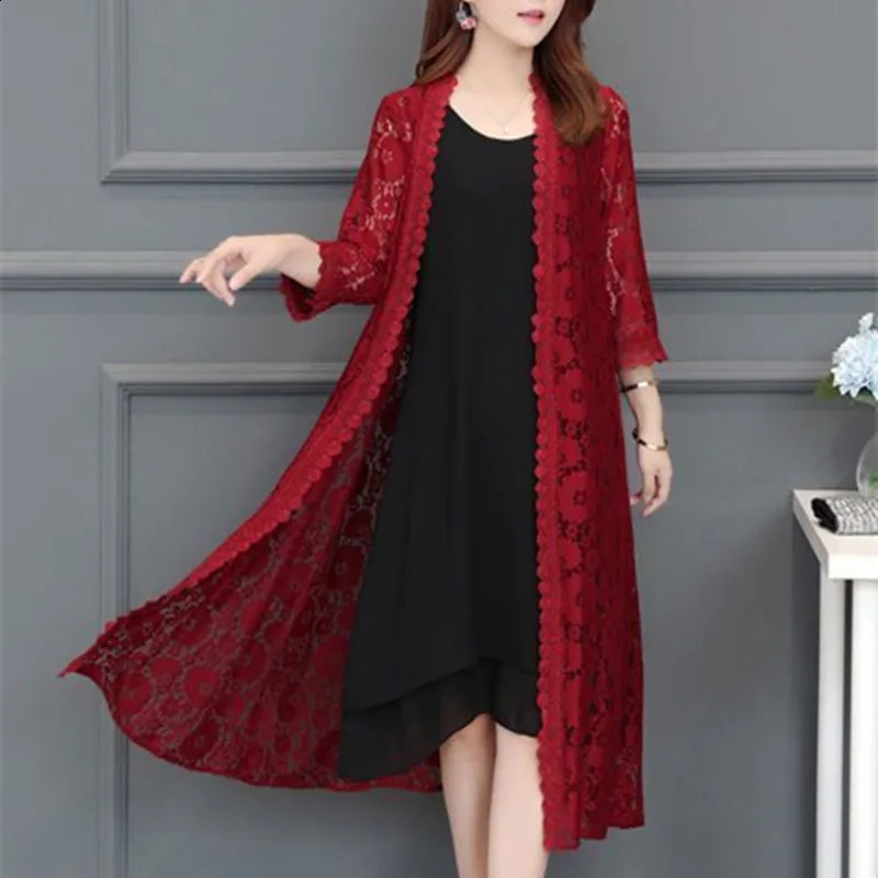 Women Lace Cardigan Mid-length Summer Mesh Shawl Loose Over-the-knee Sun Protection Clothing Women Shirt Outerwear 240819
