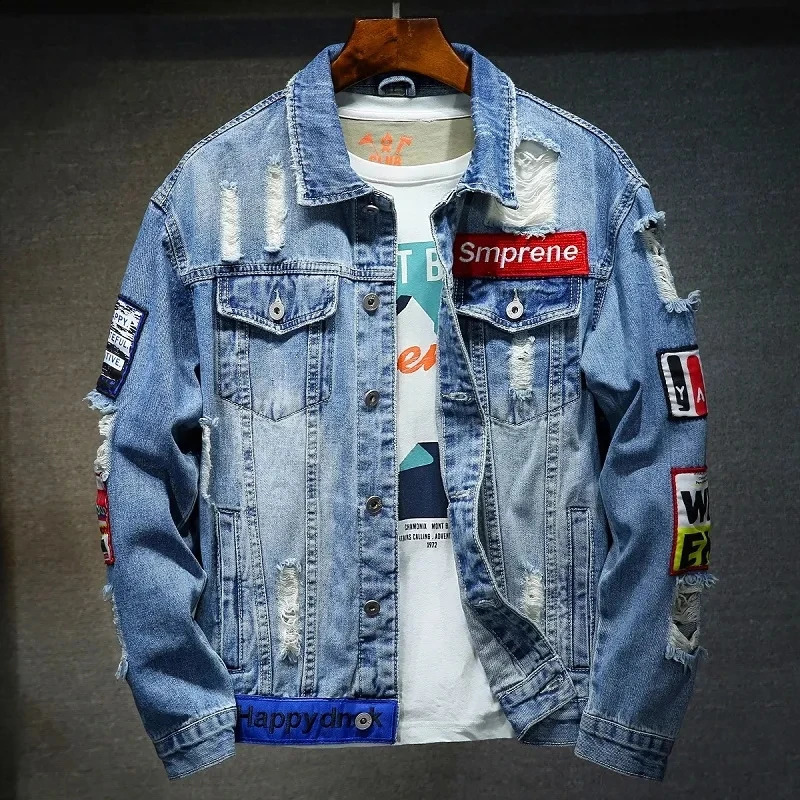 Cowboy jacket mens hiphop streetwear punk motorcycle tear print denim highquality casual hole 240809