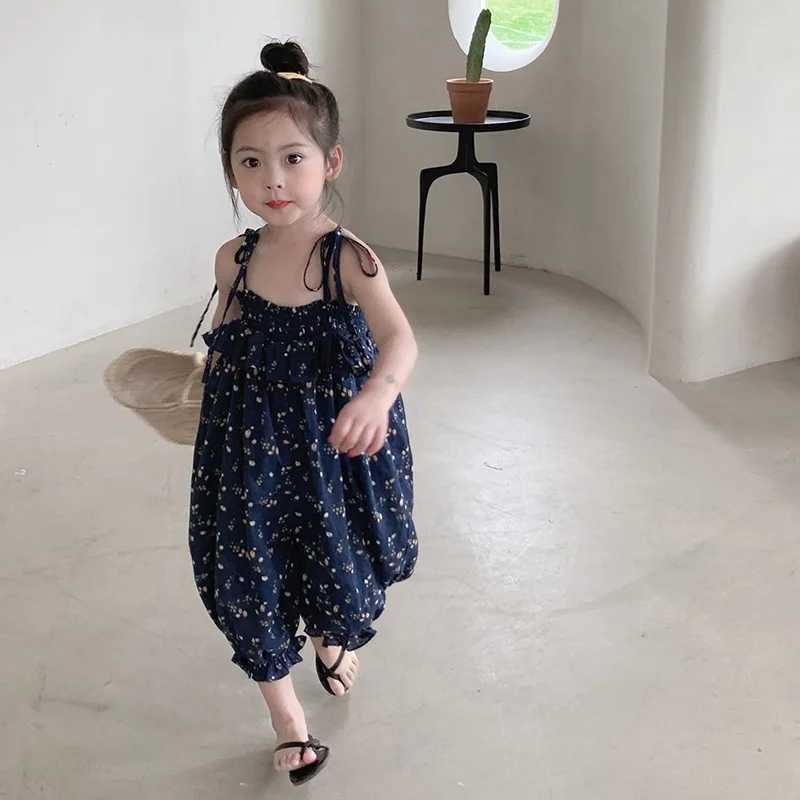 Summer girls floral lace jumpsuit girls sweet pine bud cross pants childrens top with shoulder straps W240806