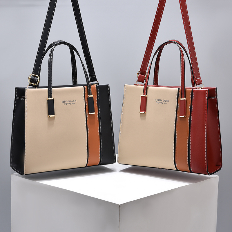 Female splicing work handbag with adjustable shoulder straps top large capacity bag fashionable cross gift 240817