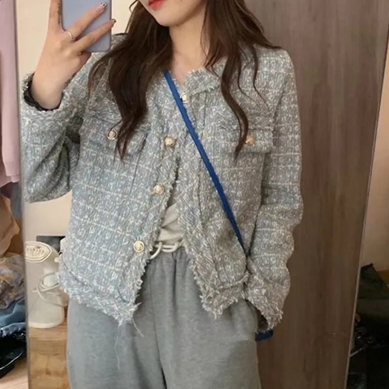 HJLZWB Fashion Korean Chic Retro Coarse Fleece Wool Jacket for Womens Autumn Single breasted Plain Tassel Office 240819