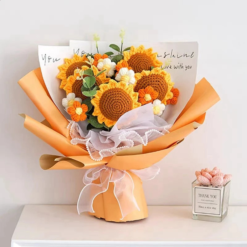 Finished Crochet Flowers Bouquet Handmade SunFlower Bouquet Valentines Gift Wedding Decor Knitted Flower Bouquet with Gift Bag 240819