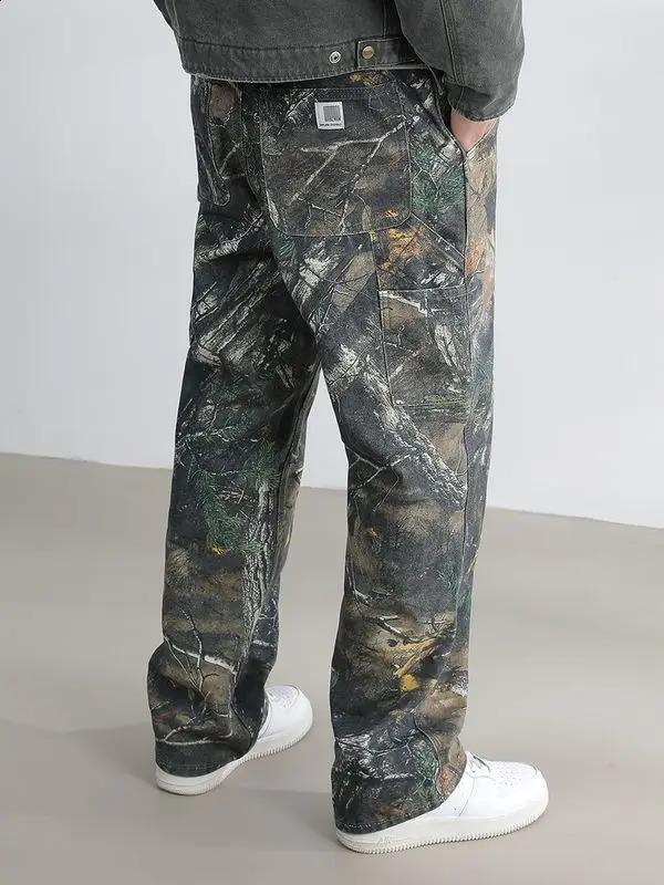 American Outdoor Straight Leg Personalized Branch Camo Retro Workwear Pants for Men and Women Hip Hop Loose Casual Pants 240819