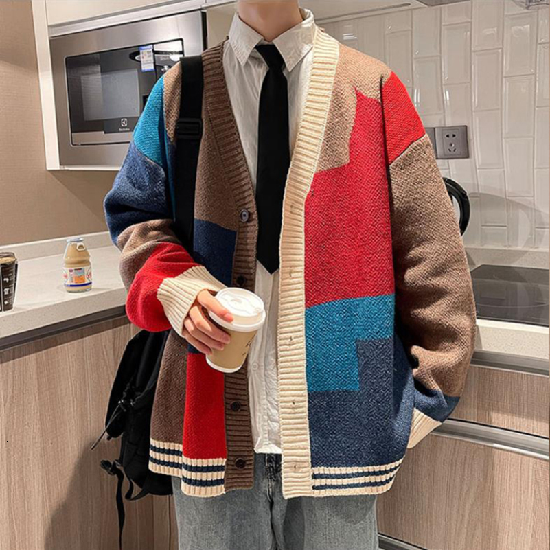 Autumn and Winter Korean Style Fashion Knit Cardigans Sweater Patchwork Color Couple Men Casual Trendy Coats Jacket Men Clothes 240816