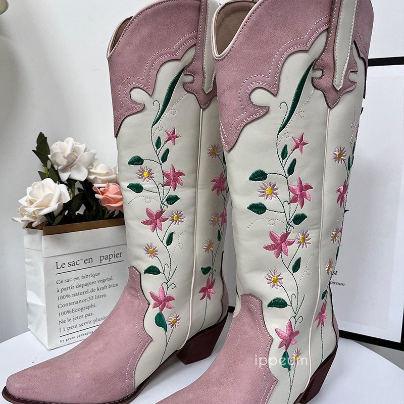 IPPEUM Cowgirl Boots Pink Flower Embroidered Knee Shoes For Women Mid Calf Western Botas Cowboy Mujer Fashion