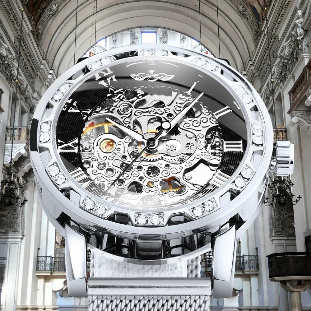 Winners Fashion Carving Skeleton Mens Silver Top Brand Luxury Mechanical Ultra Thin Mesh Str Crystal Neutral Size Clock W250104