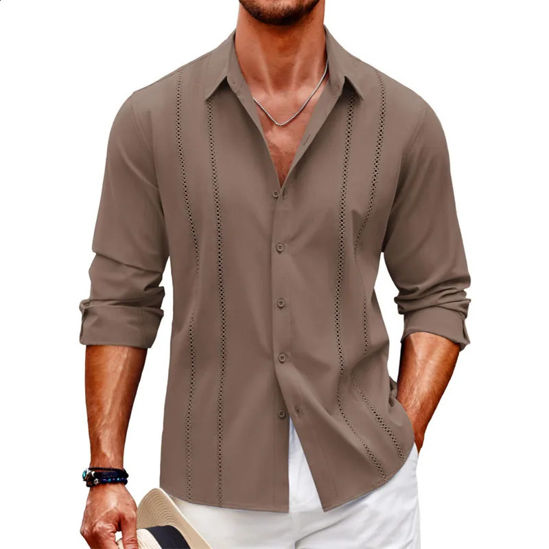 Simple casual lace long sleeve shirt cross-border beach linen button mens long sleeve solid color plus-size shirt 240816