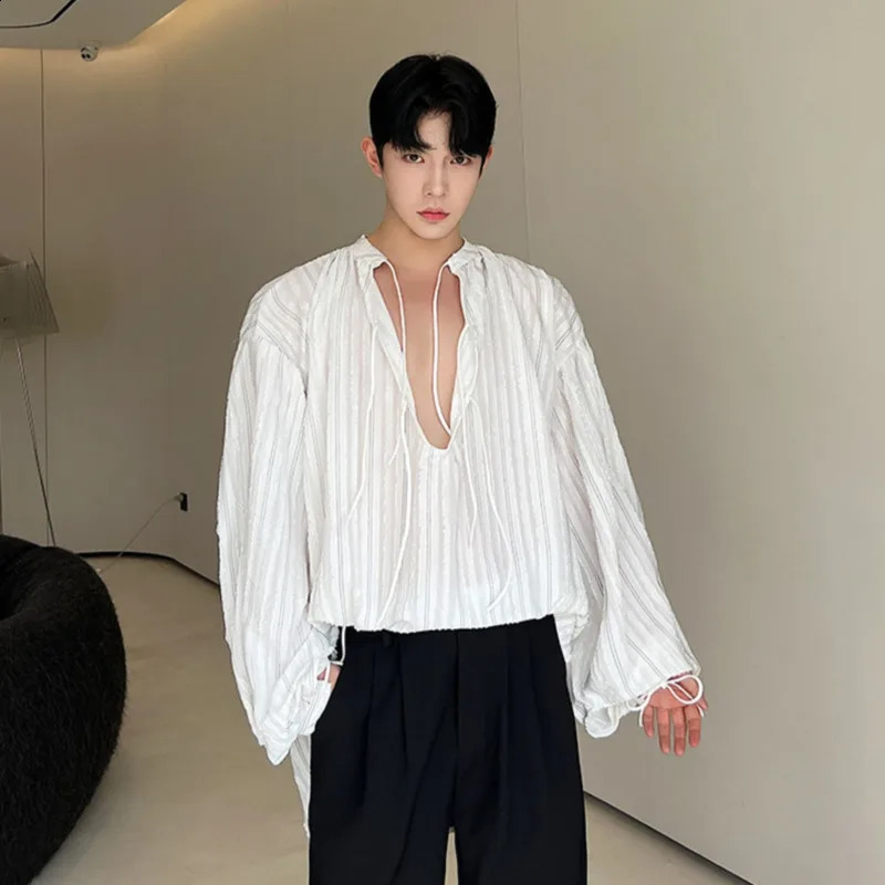 NOYMEI Korean Ruffian Flocking Dark Pattern Tie Breathable Lantern Sleeve Shirt Sexy Spring Mens Top WA4084 240816