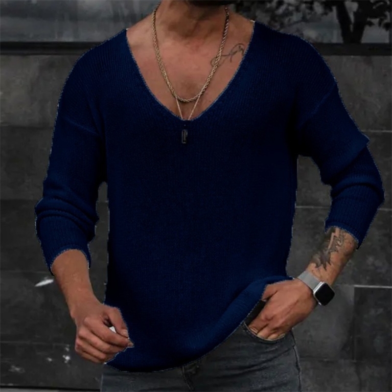 Men Spring V Neck Rib Bottoming T-shirts Pullover Autumn Long Sleeve Slim Fit Tees Tops Simple Casual Plain Thin Knit Shirt 240816