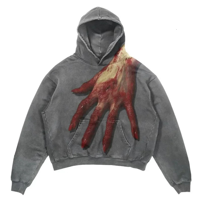 American retro fashion hand pattern printing oversized hoodie mens and womens Harajuku hip-hop Gothic casual sweatshirt 240816