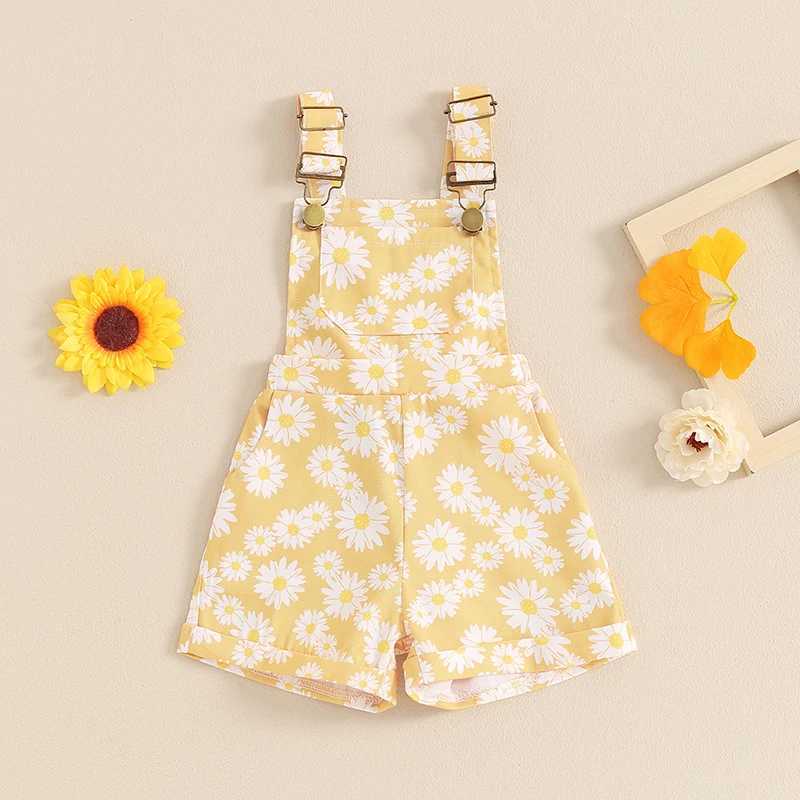 FOCUSNORM 0-6Y Summer Little Girl Full Body Shorts Casual Sunflower Printed Sleeveless Shoulder Strap Button Pocket jumpsuit W240806