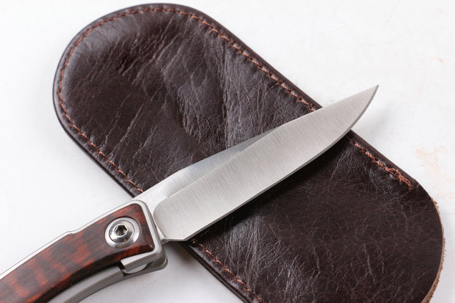 High End Real M390 Steel EDC Pocket Folding Knife Hand made Satin Blade TC4 Titanium Alloy Snakewood Handle with Leather Sheath