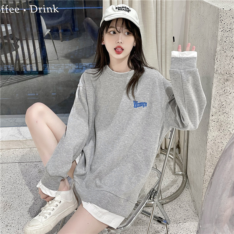 2024 autumn Korean version letter embroidery fake two thin style loose slit long sleeved hoodie women's pullover top 5e3cf